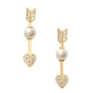 Kate Spade Love Game Gold Heart Arrow Pearl Ear Pin Earrings NWT